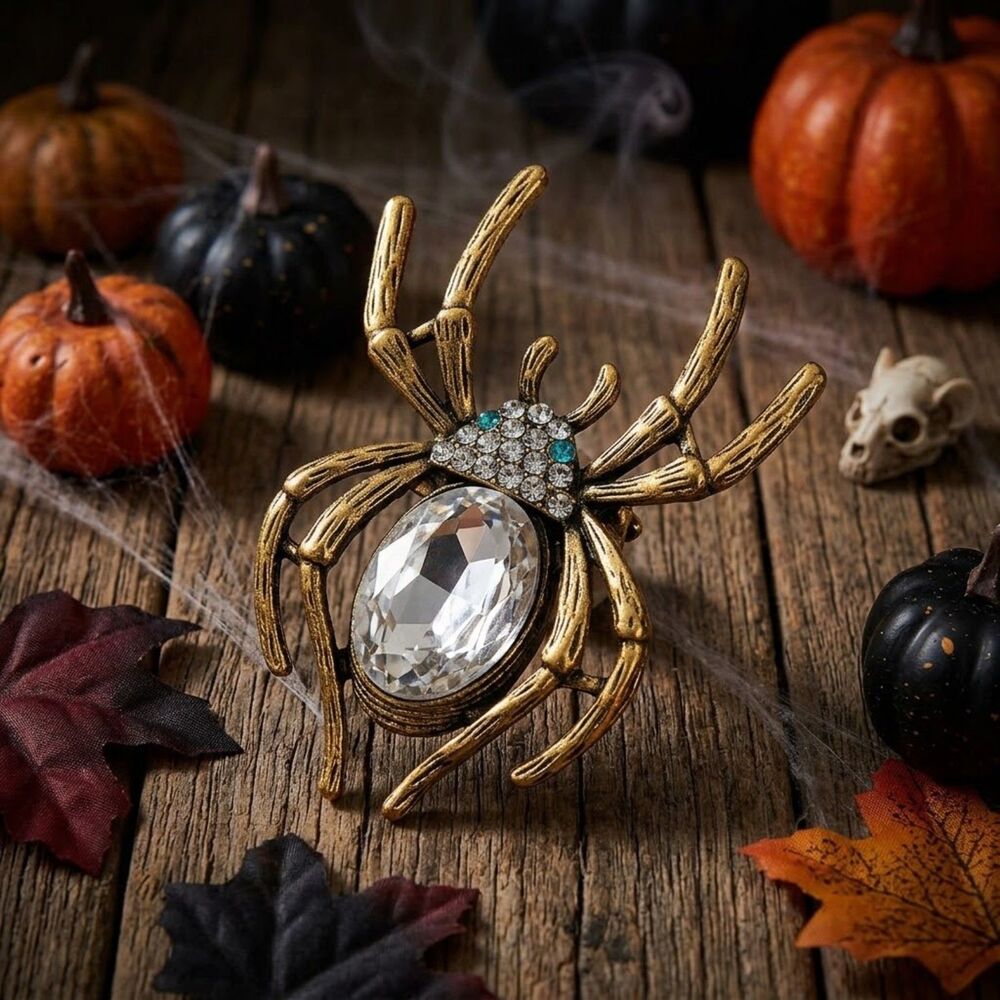 Rhinestone Clear Spider Brooch Halloween Pin